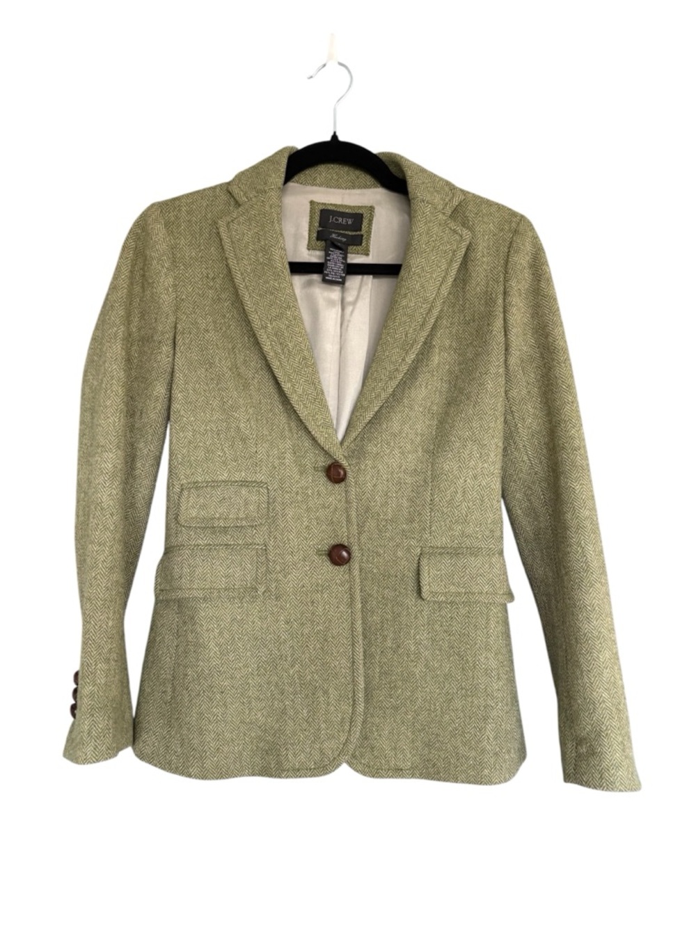 J. Crew Jacket Women's Herringbone Green Wool Blend Blazer Size 0 Preppy